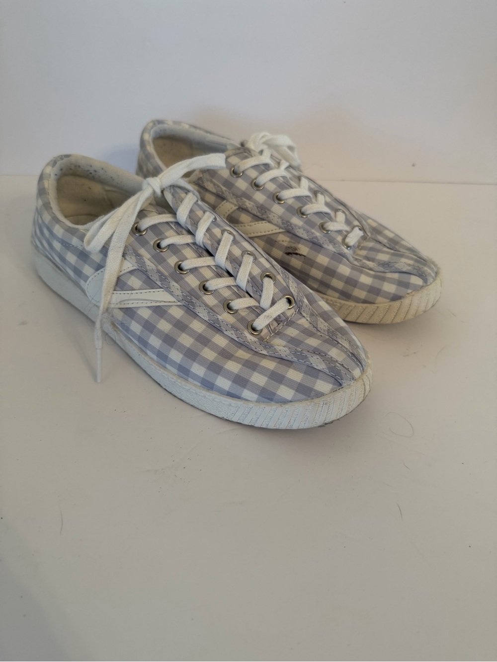 Tretorn Gingham Low-Top Sneakers in Light Blue and White